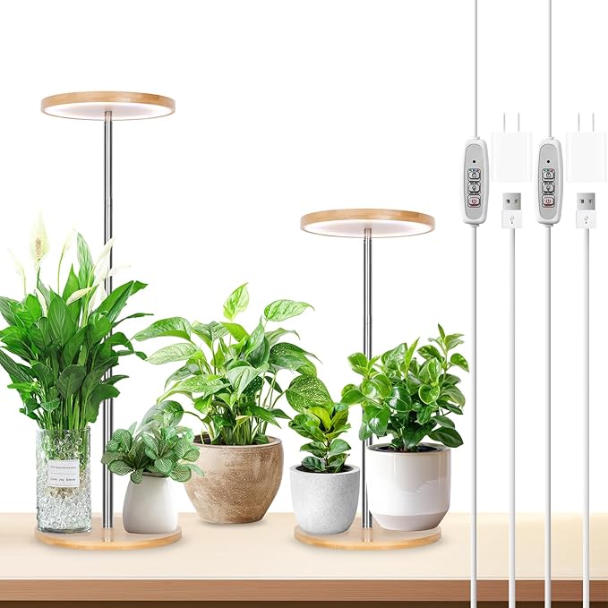 LORDEM Bamboo Grow Light, LED Plant Light for Indoor Plants Growing, Full Spectrum Bamboo Desk Growth Lamp with Automatic Timer for 4H/8H/12H, 4 Dimmable Levels, Height Adjustable, Pack of 2