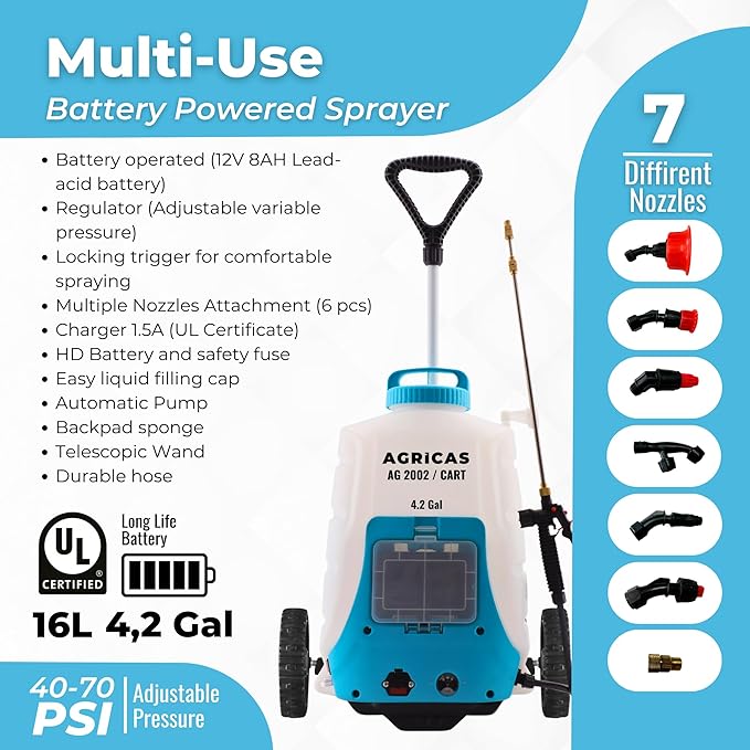 4.2 Gallon Battery Powered Sprayer with Cart - Professional Sprayer Gun - Wheeled Cart for Lawn & Garden with Adjustable Nozzles and Backpack, Weeding and Cleaning
