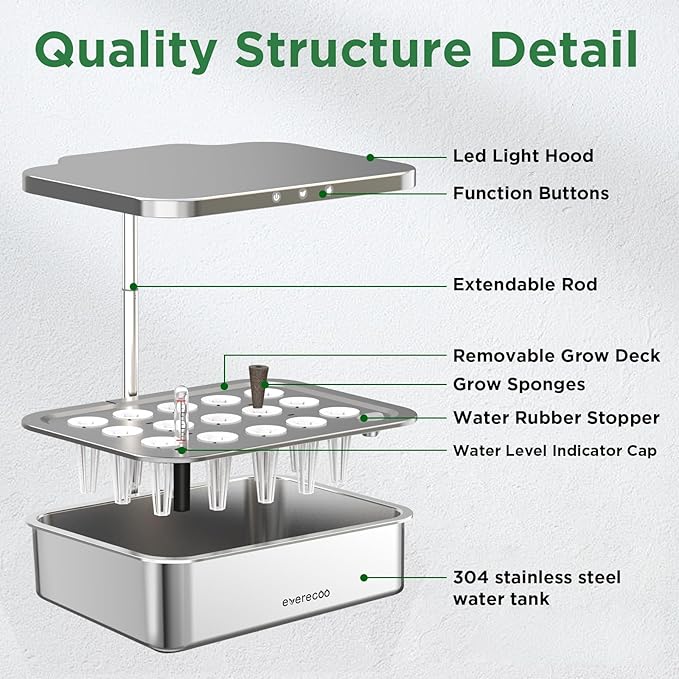 Stainless Steel Hydroponics Growing System kit Indoor Garden: Smart Indoor Herb Garden with Grow Light,15 Pods Plant Germination Kit,6L Water Tank with Quiet Pump,for Vegetables, Herbs and Flowers