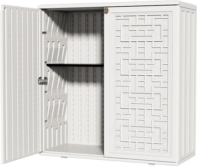 ZZM HDPE Outdoor Storage Shed, Outdoor Plastic Storage Cabinet, Horizontal Resin Tool Shed for Garden, All Weather Outdoor Storage Clearance, DIY Usage, with one Shelf (White)
