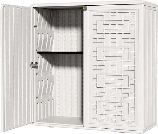 ZZM HDPE Outdoor Storage Shed, Outdoor Plastic Storage Cabinet, Horizontal Resin Tool Shed for Garden, All Weather Outdoor Storage Clearance, DIY Usage, with one Shelf (White)