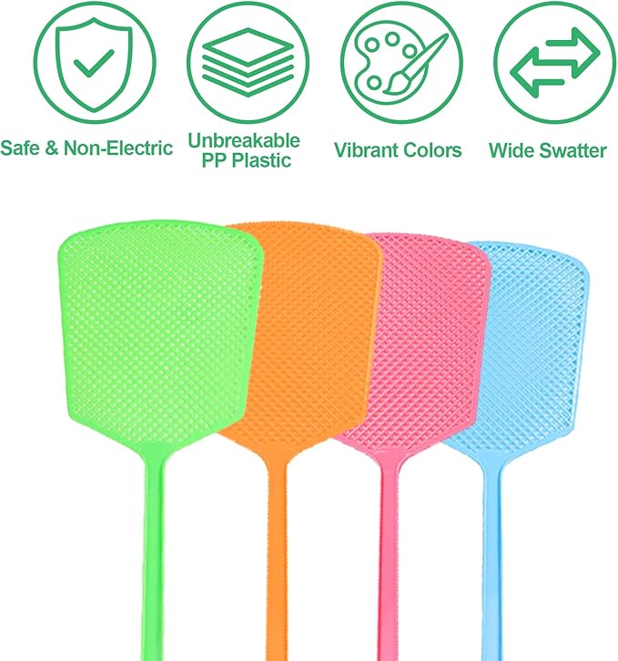 4 Pack Heavy Duty Fly Swatters, Extra Long 17.7in Plastic Bug Swatter with Non-Slip Handle – Indoor/Outdoor Manual Insect Tool, Durable & Reusable (Colorful)