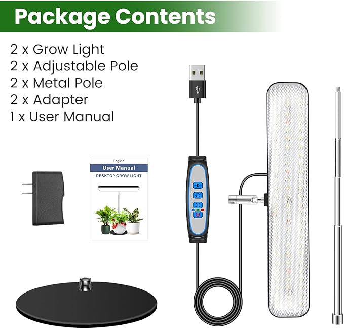 Wiaxulay Grow Lights, Full Spectrum Plant Light for Indoor Plants, Height Adjustable Desktop Grow Lamp with Auto Timer 6/12/16Hrs, 3 Lighting Modes,5 Brightness,Ideal for Potting Soil, 2 Pack