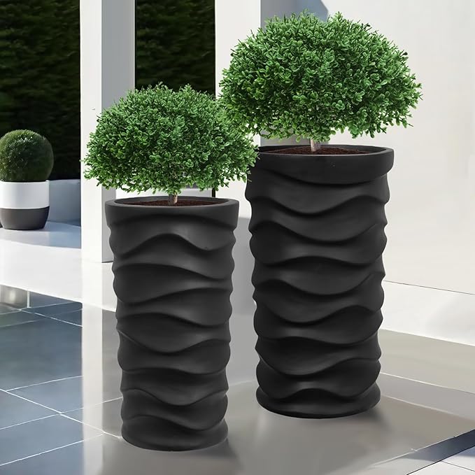 YOLENY Tall Planters with Drainage Hole 2 Pack, 20" H/18 H Porch Wavy Planters Outdoor Indoor Use, Plant Flower Pots for Home Decor, Black