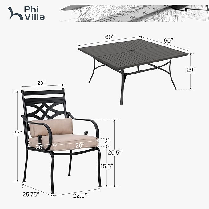 PHI VILLA 9 Pcs Patio Dining Set,Outdoor Table Chair Set for 8 with Outdoor Chairs and Metal Frame Steel Square Table,Outdoor Dining Furniture with Cushion and Pillow for Garden Lawn Deck