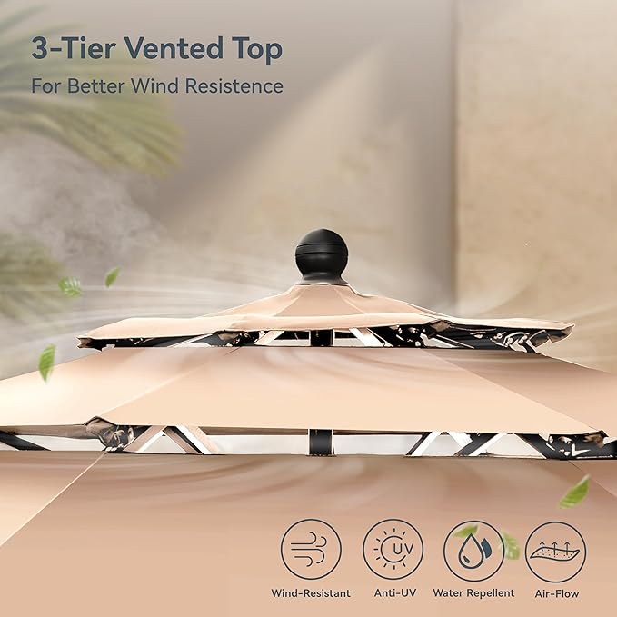 PHI VILLA Outdoor Patio Dining Set for 4 with 10ft 3-Layer Auto-tilt Round Umbrella(Beige),Includes 4 Outdoor Swivel Chairs with Cushions and a Metal Round Table, Perfect for Garden, Lawn, or Deck