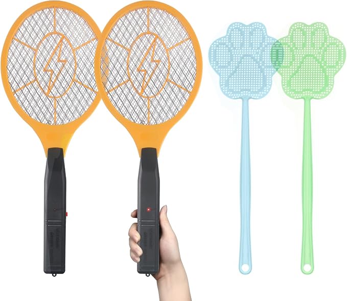 Electric Fly Swatter Handheld Bug Zapper with 2-Pack Plastic Fly Swatter- Indoor Outdoor Zapping Racket for Pest - Battery Powered Safe to Touch with 3-Layer Safety Mesh
