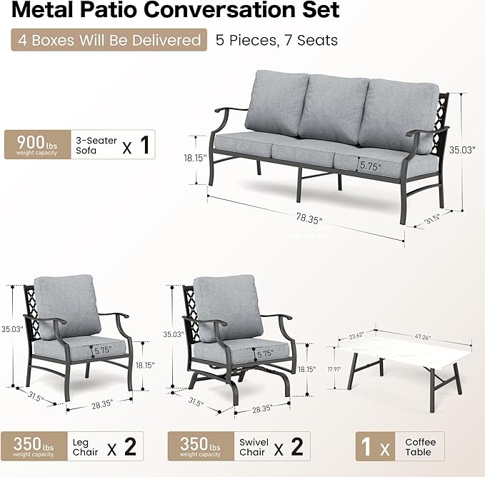 6 Piece Metal Outdoor Patio Furniture Set, Patio Conversation Set 1 3-Seater Sofa, 2 Rocking Chair, 2 Leg Chair with 5.75" Thick Cushion and Coffee Table, Backyard Furniture Set, Gray