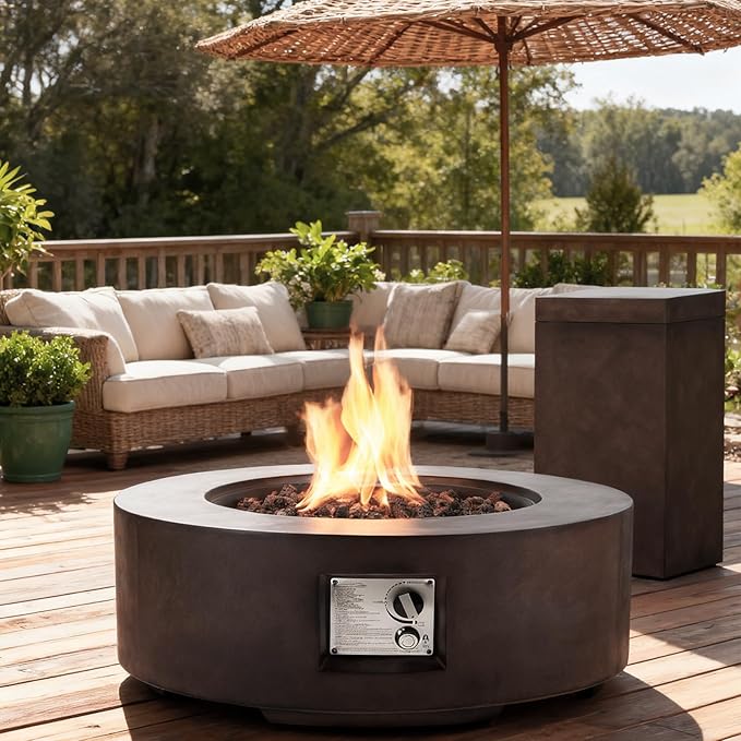 ECOTOUGE 2-Piece Gas Fire Pit, Outdoor Propane Firepit Table Set w/Tank Cover, 30''Auto-Ignition Round Steel Fire Table, 50,000 BTU Concrete fire Pit w/Weather-Resistant Pit Cover, Lava Rocks, Brown