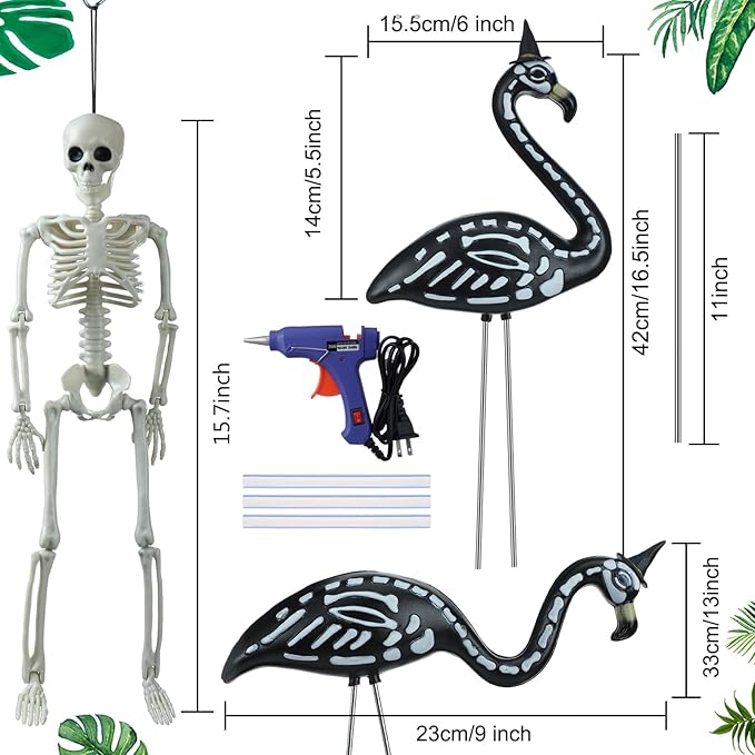 8 Pcs Halloween Skeleton Flamingo Decoration Outdoor Yard Ornament 15.7" Plastic Skeleton Decor with Posable Legs Flamingo Statue Decor for Yard Garden Lawn(Fluorescent,S,Stylish)