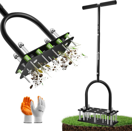 Saker Lawn Aerator Tool, Lawn Aerator with 15 Iron Spikes, Automatic Leaf and Dirt Cleaning with Spring-Loaded Design, Metal Manual Aerator for Loosening Soil Aerating Patio, Yard, Garden Black