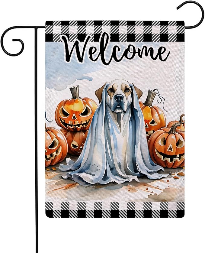 Ghost Dog Garden Flag with Jack O'Lantern Pumpkins Design Double Sided Farmhouse Welcome Decorative Small Burlap Flags 12.5 x 18 Inch for Outdoor Halloween Decor (Black)