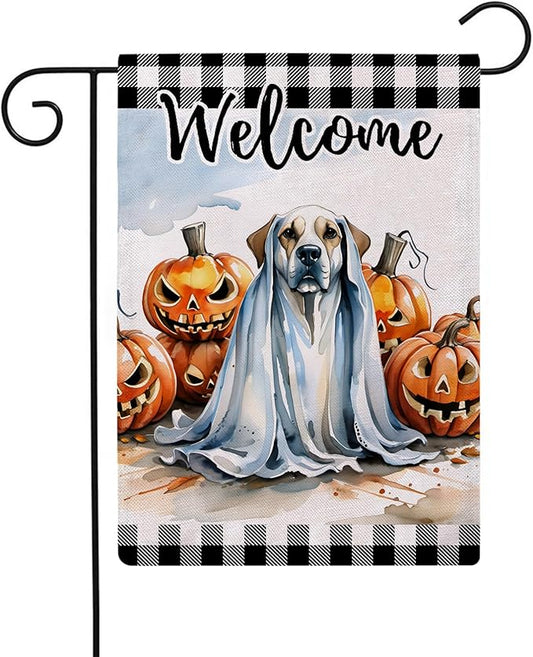 Ghost Dog Garden Flag with Jack O'Lantern Pumpkins Design Double Sided Farmhouse Welcome Decorative Small Burlap Flags 12.5 x 18 Inch for Outdoor Halloween Decor (Black)