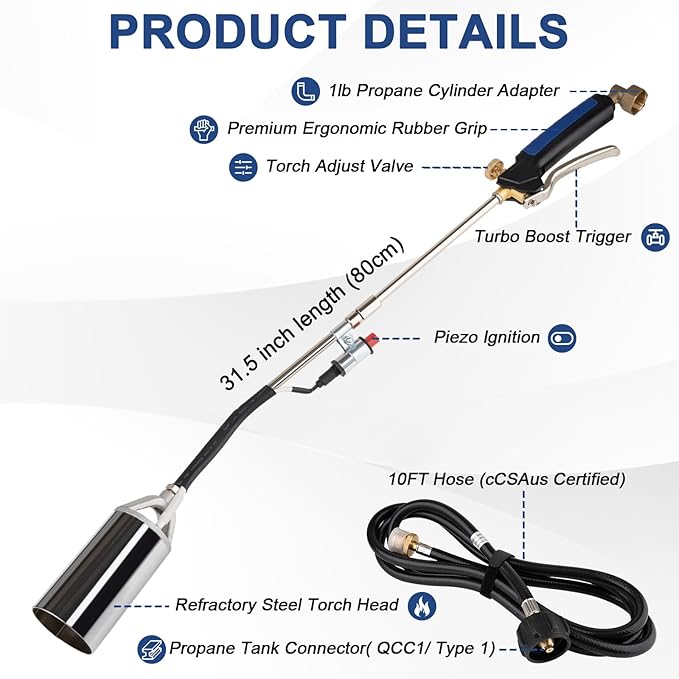 BetyBedy Propane Torch Weed Burner, Weed Torch for Outside, High Output 1,200,000 BTU with 10FT Hose, Blow Torch Flamethrower Gun for Propane Tank Garden Wood Ice Road
