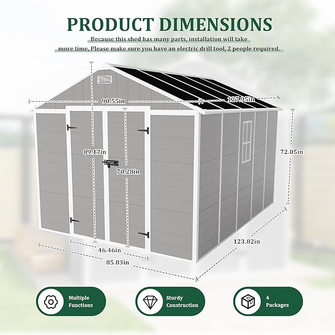 Resin Storage Shed 10x8 ft, Large Garden Shed with Floor, HD Window, Lockable Doors and Vents, 12mm Thick pp Board, Outdoor Storage Sheds for Backyard Patio (Gray, 10 * 8ft)