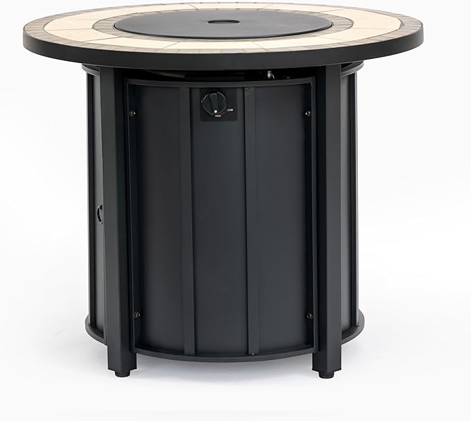 30'' Ceramic Round Propane Fire Pit Table, 50,000 BTU Steel Gas FirePit for Outdoor, Fire Table with Lid, Add Warmth & Ambience to Gatherings and Parties On Patio Deck Garden Backyard, Black.
