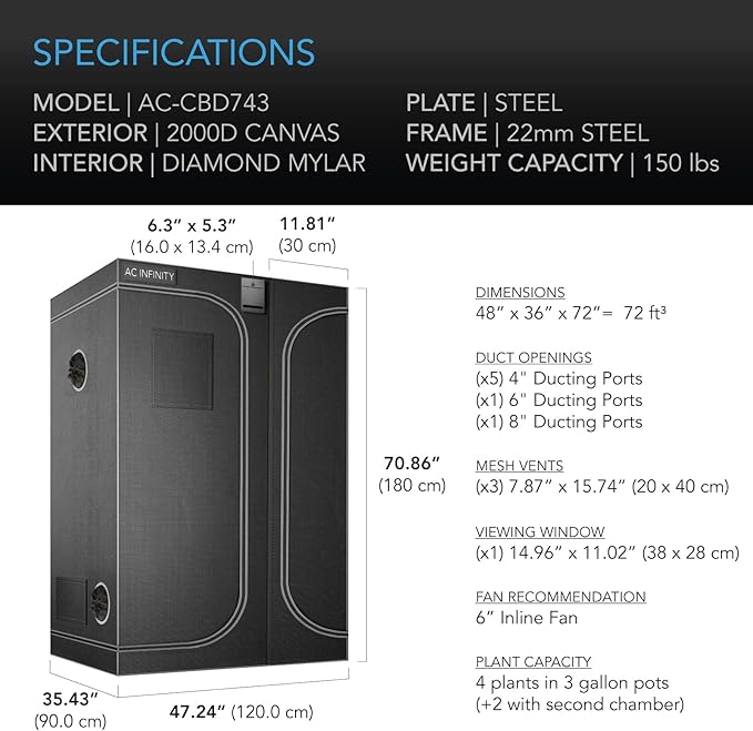 AC Infinity CLOUDLAB 743D 2-in-1 Advance Grow Tent, 48”x36”x72” Thickest 1 in. Poles, Highest Density 2000D Diamond Mylar Canvas, 4x3 for Hydroponics Indoor Growing
