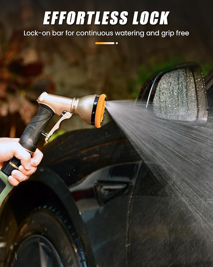 RAINPOINT Garden Hose Nozzle, Heavy Duty Metal Water Hose Sprayer Nozzle with 9 Adjustable Spray Patterns, High Pressure Hand Sprayer for Watering Plants & Lawns (Orange)