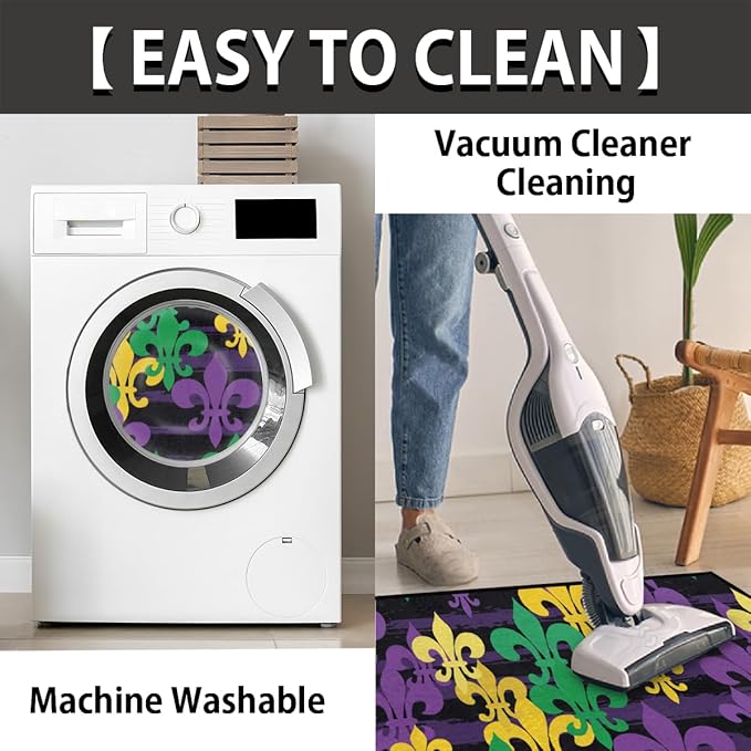 cfpolar Mardi Gras Half Round Door Mat, French Fleur De Lis Semicircle Doormat, Non Slip Soft Area Rug for Front Door Indoor Entrance Wear Resistant Welcome Mat, Blue, Gold, 24 x 36 in