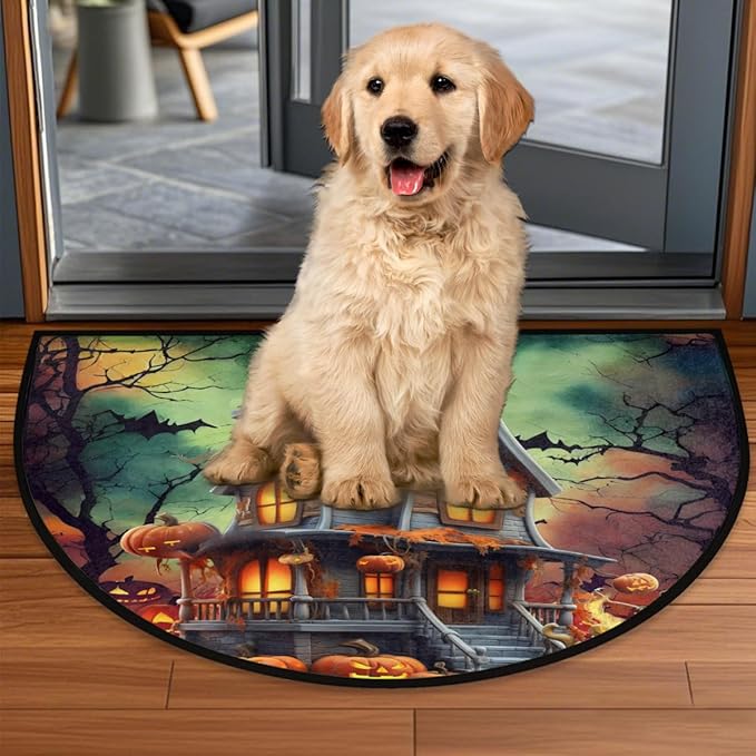 Halloween Half Round Door Mat, Halloween Castle Pumpkin Bats Semicircle Door Mats, Non Slip Area Rug Soft Doormat for Indoor Entrance Wear Resistant Welcome Mat for Garage Patio Home Decor 24 x 36 In