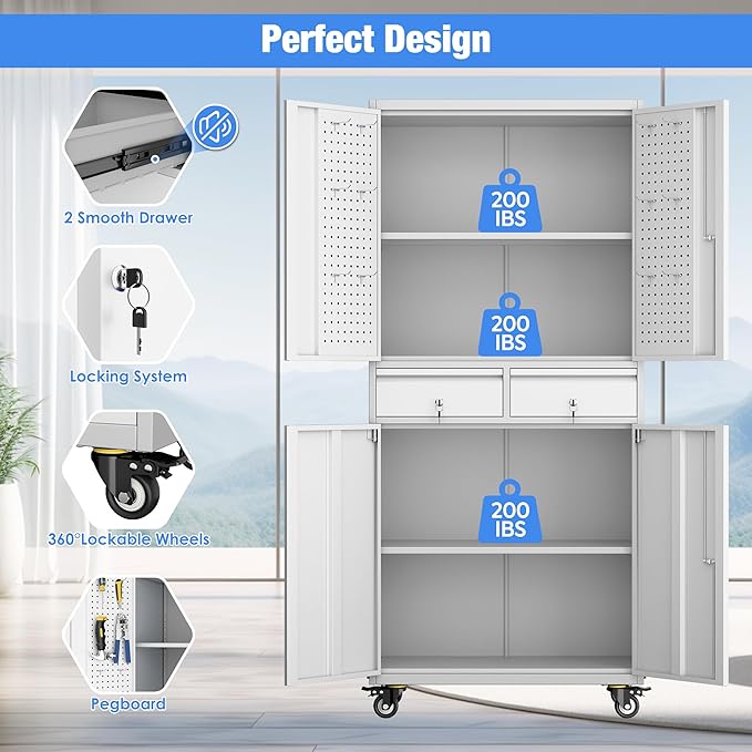 71" H Metal Garage Storage Cabinet with Wheels,Tool Storage Cabinet with Pegboard,2 Drawers and Lockable Doors for Garage, Warehouse,Home,Required Assembly,Grey and White