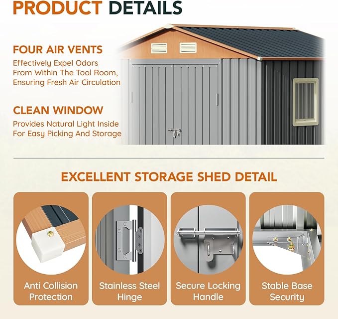 8x6FT Metal Shed & Outdoor Storage Shed, Steel Tool Multi-Used Shed with Vents,Lockable Doors,Window,Compact Tool Shed for Backyard, Patio, Lawn and Garden Various Storage(Matte Gray)