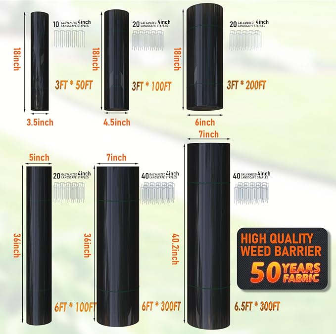 6 Size Weed Barrier Landscape Fabric Heavy Duty Gardening Weed Control Mat,Woven Weed Cloth Geotextile Fabric for Landscaping Driveway Farm Greenhouse (6x300FT)