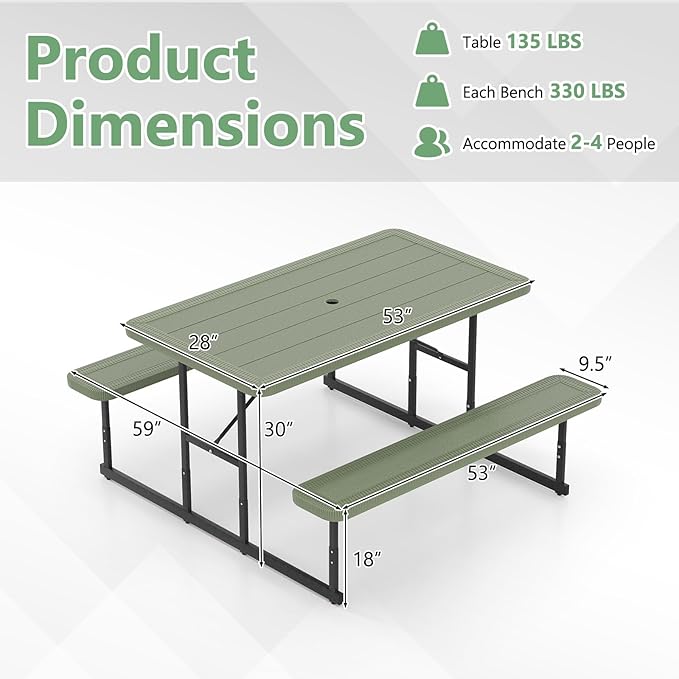 Tangkula Picnic Table, HDPE Outdoor Rectangular Table Bench Set with 2 Built-in Benches, Umbrella Hole, Metal Frame for 4 Person, Garden Yard Patio Lawn
