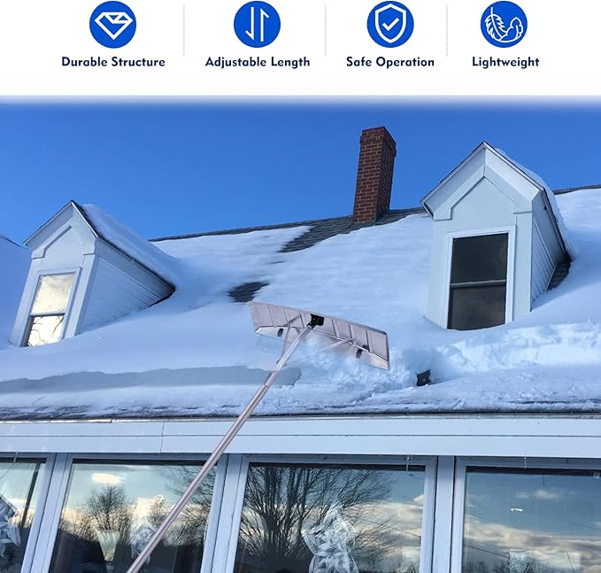 CHANGE MOORE Scratch Free Snow Roof Rake with Wheels for Snow Removal, 4.78’-19.88’ Extendable Aluminum Snow Rake for House Roof, Time-Saving Lightweight Roof Snow Removal Tool with 25" Blade