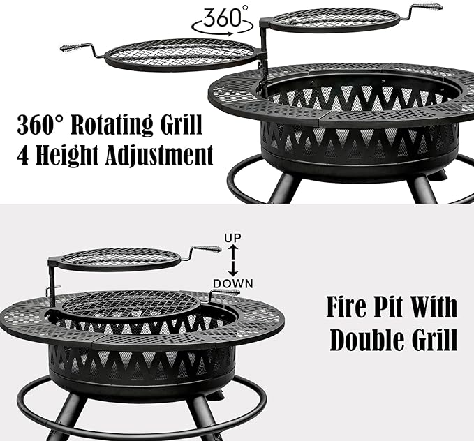 42 Inch Fire Pit with 2 Grills, Large Outdoor Firepits for Outside, Wood Burning Fireplace for Camping,Picnic,Bonfire, 3-in-1 Round Metal Table with Lid for Backyard,Patio,Party
