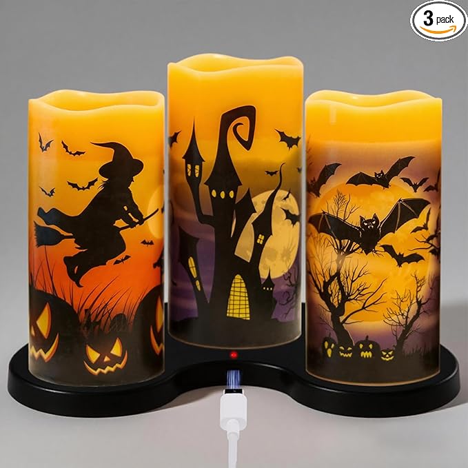 DRomance Rechargeable Halloween Flameless Candles Battery Operated with 6 Hour Timer Real Wax Flickering LED Pillar Candles Bats Witch Pumpkin Dinner Halloween Indoor Deocration(3 Pack, 3" D x 6" H)