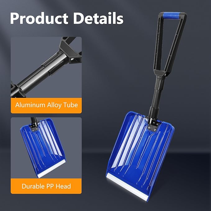 SHANTRA Folding Portable Snow Shovel, Aluminum Edge, D-Grip for Snow Removal, Car Driveway, Garden, Camping