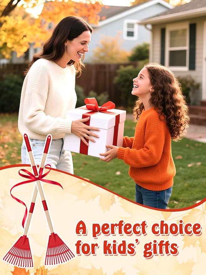 Acostop 2 Pcs Kids Rakes with Wood Handle - 34" Lightweight Plastic Garden Rake for Leaves, Safe to Use Kid Yard Tools for Boys Girls Fall Gardening Gifts (Red)