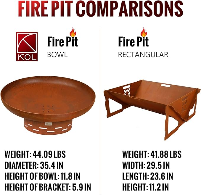 KOL 35" Dia. Heavy-Duty Fire Pit - Pre-Rusted Corten Steel Round Firepit Large Fire Bowl with Stand - Weathering Steel Wood Burning Fireplaces for Outside Backyard Deck Party Bonfire
