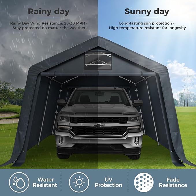 GREEN PARTY Storage Shelter Shed, 13x22 ft Portable Shed Outdoor Carport with Roll-up Zipper Door & Vents, Outdoor Storage Shed Portable Garage for Motorcycle, Bike, Waterproof & UV Protected, Gray