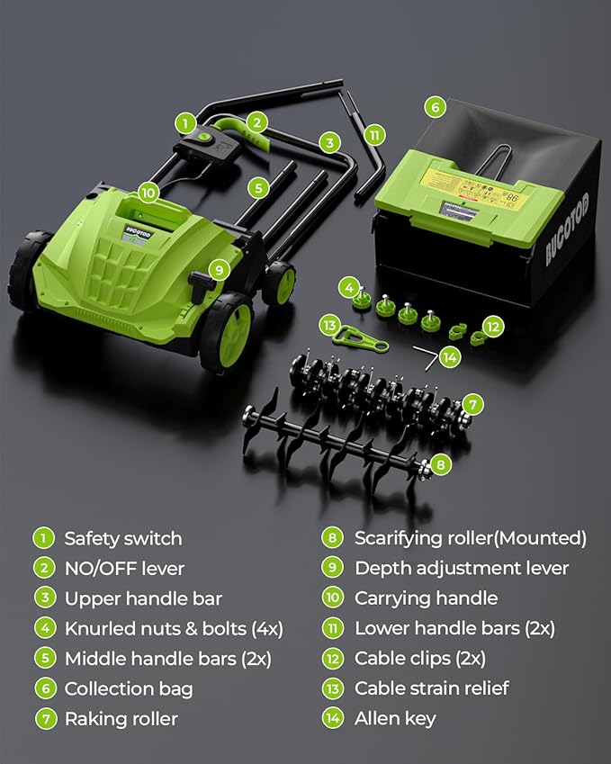 2-in-1 Electric Dethatcher and Scarifier, 13-Inch Raking & Scarifying, Turf Dethatcher & with 4-Position Height Adjustment, 14.5 gal Removable Thatch Bag for Lawn Health