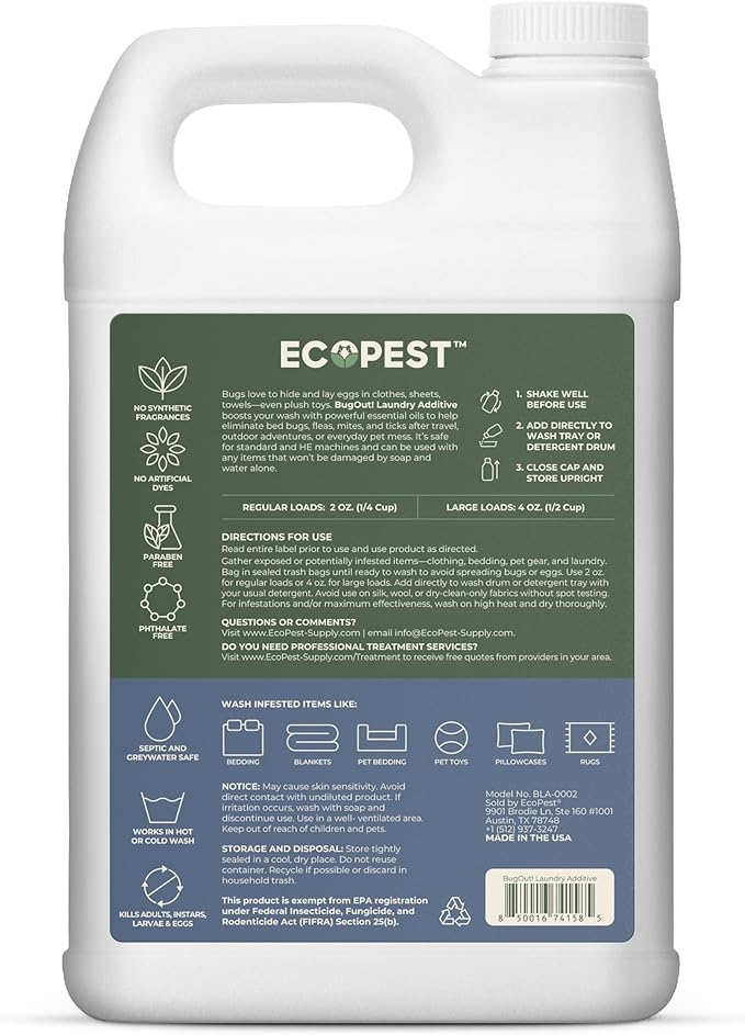 BugOut! Laundry Additive – Natural Detergent Booster for Bed Bug, Mite, Flea, & Tick Treatment & Prevention | Plant-Based Killer, Made with Fabric-Safe Soap | Works in Hot and Cold Wash (1 Gallon)