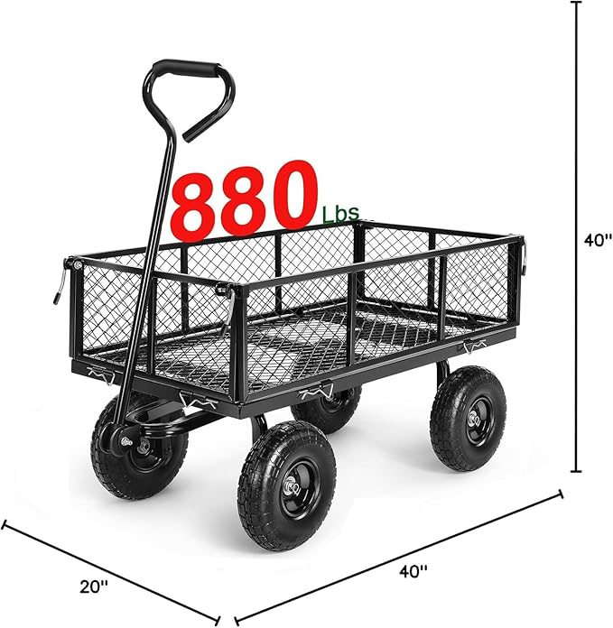 TEANDE Garden Cart, Heavy Duty 880Lbs Capacity Mesh Steel Garden Cart with Removable Sides to Convert into Flatbed, Utility Metal Wagon with 180° Rotating Handle and 10 in Tires, Black