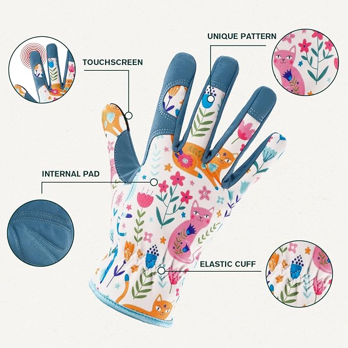 Gardening Gloves for Women, Printed Touchscreen Garden Gloves with Grip, Thorn-Proof Puncture-Resistant Work Gloves