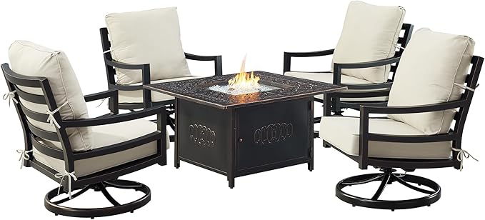 Oakland Living Black Aluminum Patio Fire Table Set with Four Club Chairs with Light Grey Cushions
