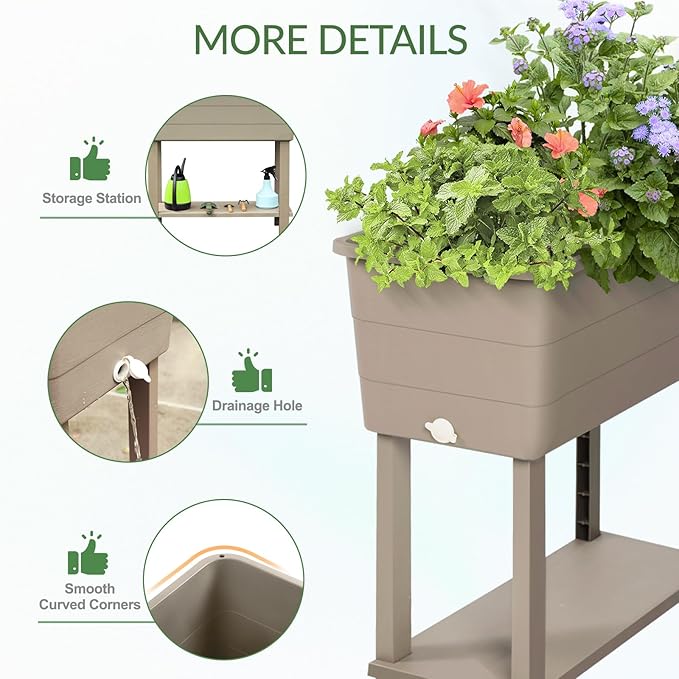Aoodor 30" x 14" x 29" Raised Planter Box with Legs, Storage Shelf, Drainage Plug, and Water Level Indicator, for Vegetables, Flowers, Herbs, Outdoor Use, Set of 3, Khaki