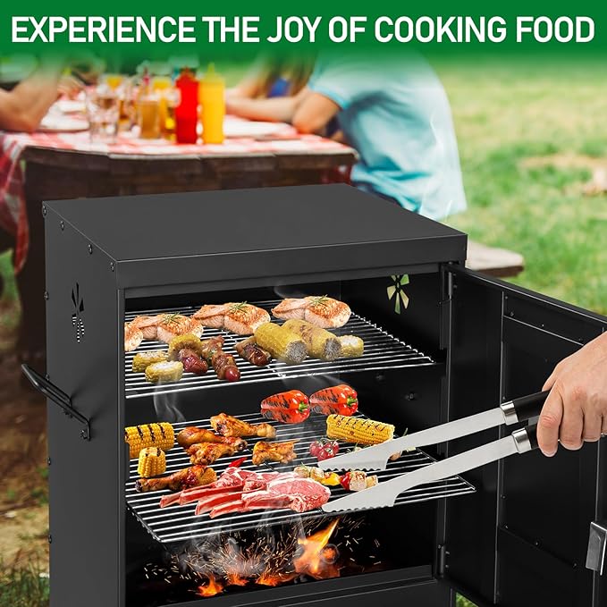 BBQ Smoker Grill with 2 Doors, Vertical Charcoal Smoker with 2 Detachable Grill Racks, Charcoal Pan & Water Pan, Outdoor Meat Smoker with Thermometer, 4 Air Vents, Idea for Parties, Backyard