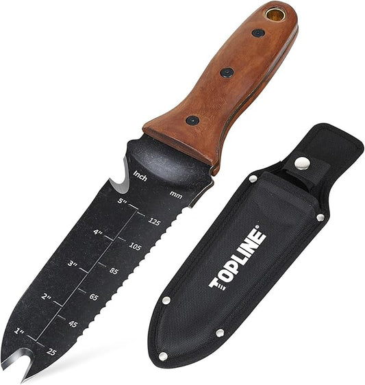 TOPLINE Hori Hori Garden Knife with Oxford Sheath, 7”Stainless Steel Blade with Cutting Edge, Full Tang Walnut Handle with Hanging Hole, Multifunctional Garden Tools for Weeding, Planting, Cutting