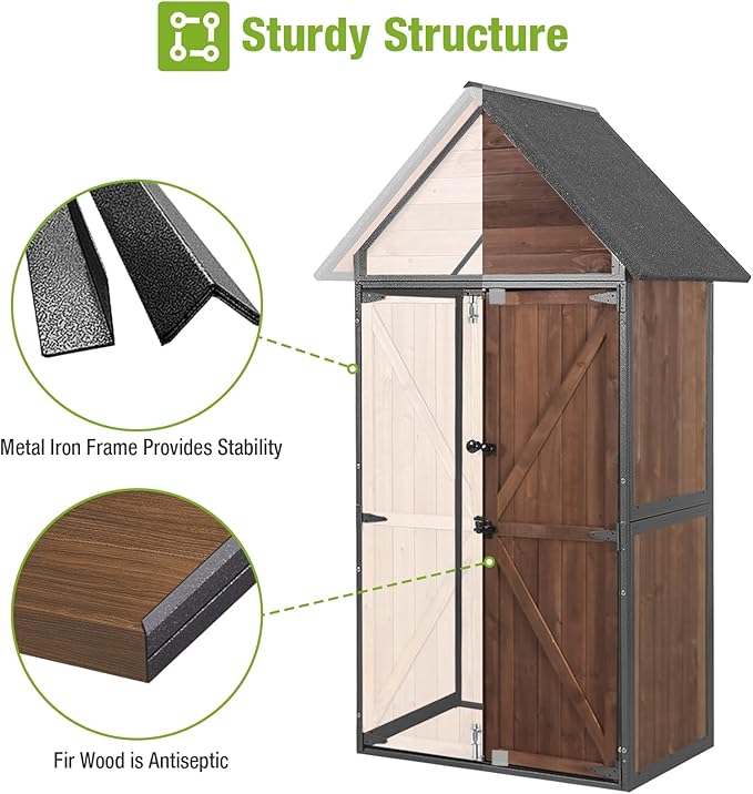 GUTINNEEN Outdoor Storage Shed with All Around Strong Metal Frame, Garden Tool Sheds Cabinet with Floor & Adjustable Shelves, Wooden Tool House for Backyard Garden Patio Lawn (Dark Brown)