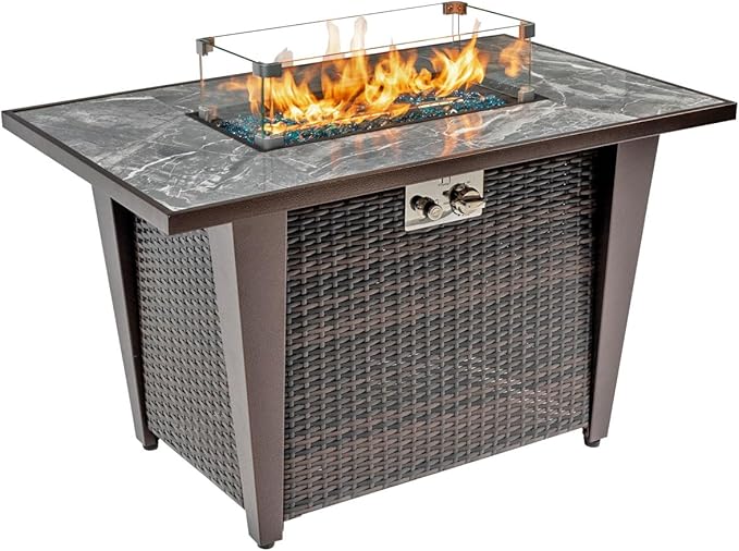 42'' Propane Fire Pit Table, Marble Tile Ceramic Tabletop with Glass Wind Guard, 50,000 BTU Fire Table with Inclined Leg and Art Powder Design, Blue Glass Rocks, Including Lid&Cover, Brown