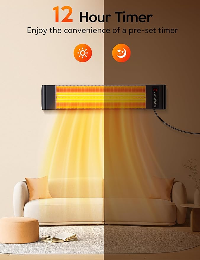 VAGKRI Outdoor Heaters, 1s Heating 1500W Infrared Patio Heater with Remote, 3 Heat Settings, 12H Timer, IP65 Waterproof, Wall Mount/Tripod Stand Electric Heater for Patio, Garage, Garden & Indoor Use