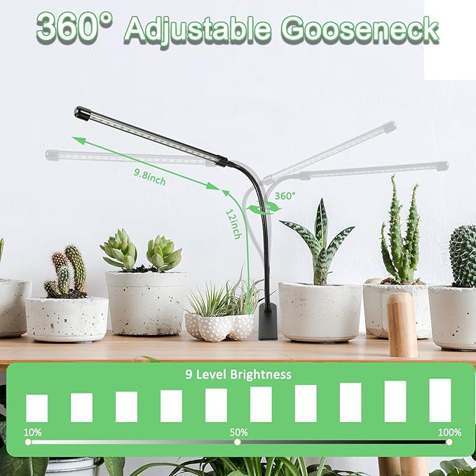 Sunny Power Clip On Grow Lights for Indoor Plants Full Spectrum, Adjustable 6000K LED Plant Lights for Indoor Growing with Auto Timer & 3 Lighting Modes for Succulents, Seed Starting