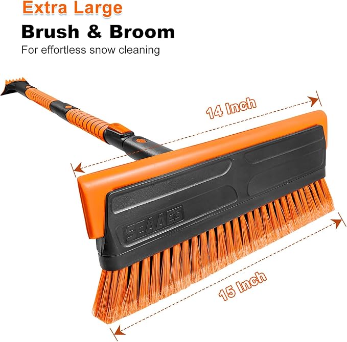 SEAAES 56 Inch Truck Snow Brush Scraper Long Handle, Heavy Duty Extendable Snow Broom for SUV, Windshield Ice Scraper with Foam Grip for Car Automobile Vehicle Window - Orange