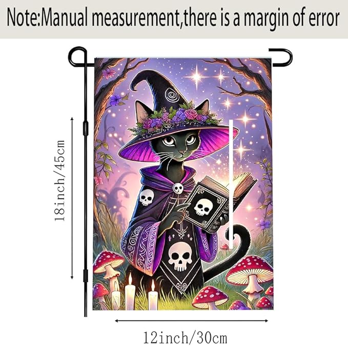 Halloween Garden Flag 11.81 x 17.72 Inch Black Cat in Witch Hat with Magic Book Candles Mushrooms and Starry Night Outdoor Yard Decoration for Holiday Party