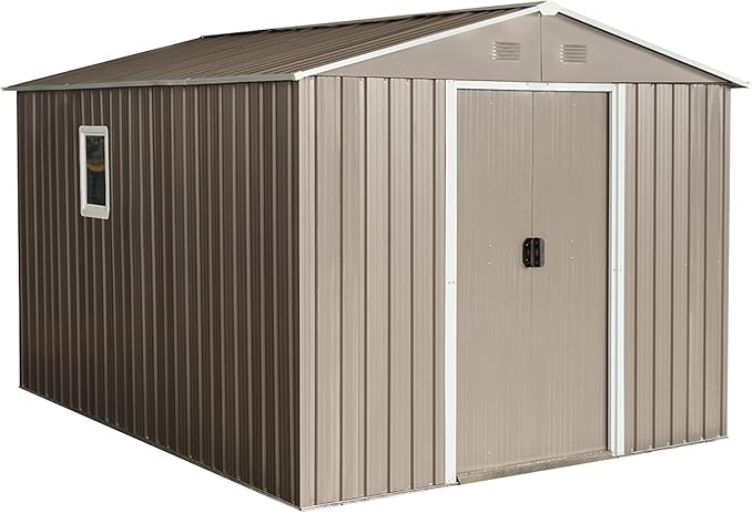 Sheds & Outdoor Storage 8ft x 10ft Metal Storage Shed with Metal Foundation, Window,Gloves, Anchors, Tools Garden Tool Storage Cabinet for Backyard, Patio, Poolside, Gray